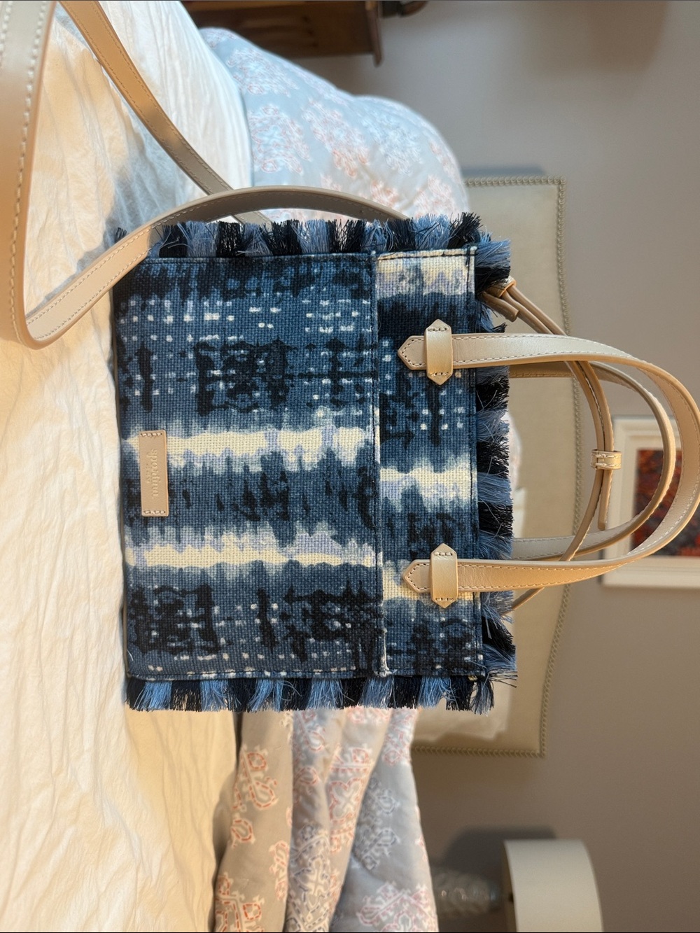 Spartina 449 Indigo Patterned Tote Bag with Cream Handles NEW with Tags